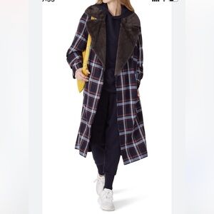 Victor Alfaro Wool Blend Long Plaid Winter Trench Coat Open Front Faux Fur Small